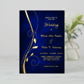 Elegant Leaf Swirl Deep Blue Wedding Folieneinladung (Stehend vorne)