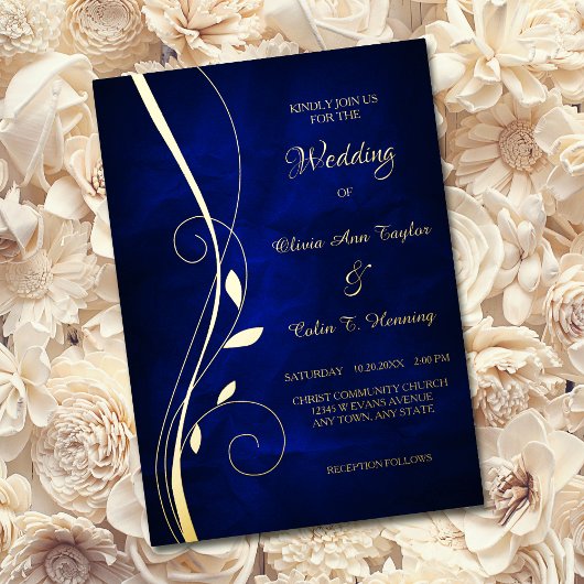 Elegant Leaf Swirl Deep Blue Wedding Folieneinladung