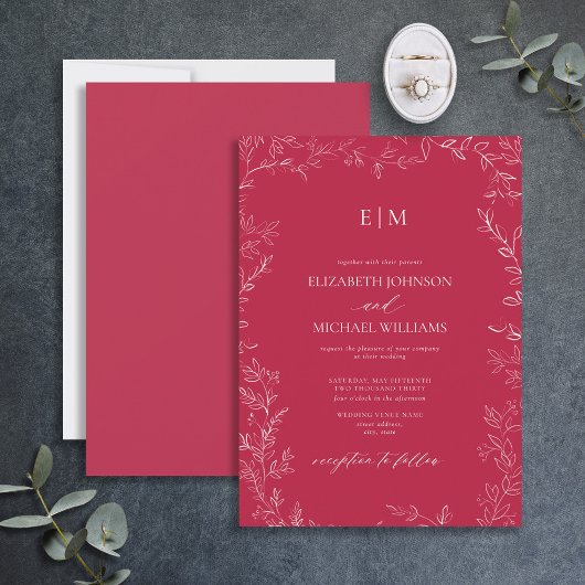 Elegant Leaf Vivid Magenta Monogram Wedding Einladung