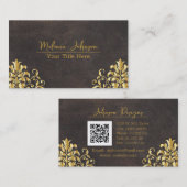 Elegant Leather and Gold Damask Visitenkarte (Vorne/Hinten)