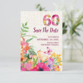 Elegant Leinen 60. Geburtstag Blumengarten Save The Date (Stehend Vorderseite)