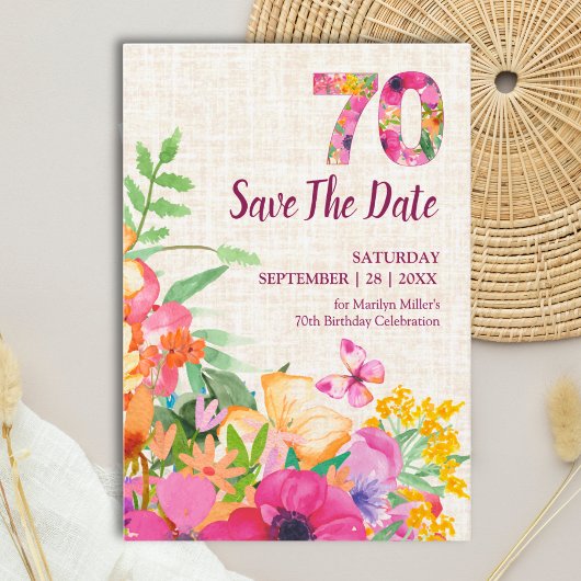 Elegant Leinen 70. Geburtstag Blumengarten Save The Date