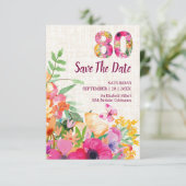 Elegant Leinen 80. Geburtstag Blumengarten Save The Date (Stehend Vorderseite)