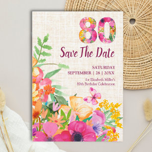 Elegant Leinen 80. Geburtstag Blumengarten Save The Date