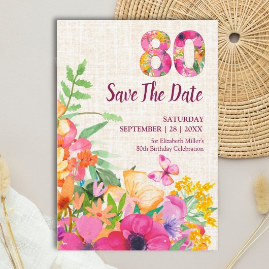 Elegant Leinen 80. Geburtstag Blumengarten Save The Date