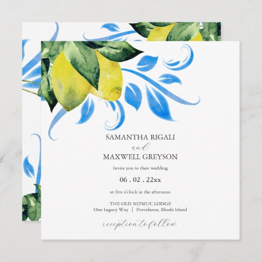 Elegant Lemon and Foliage Wedding Einladung (Vorne/Hinten)