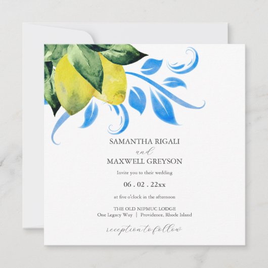 Elegant Lemon and Foliage Wedding Einladung (Vorderseite)