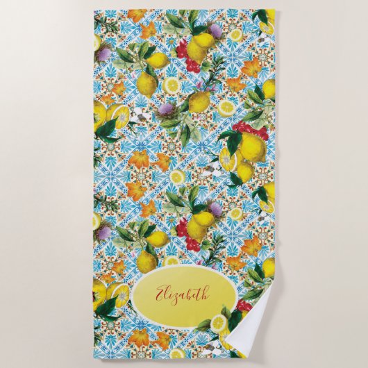 Elegant Lemon Mit Monogramm Strandtuch (Vorderseite)