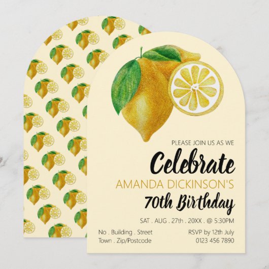Elegant Lemon Sketch Birthday Einladung (Vorne/Hinten)