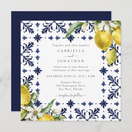 Elegant Lemon Watercolor Blue Tile Wedding Einladung (Vorne/Hinten)
