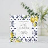 Elegant Lemon Watercolor Blue Tile Wedding Einladung (Stehend Vorderseite)