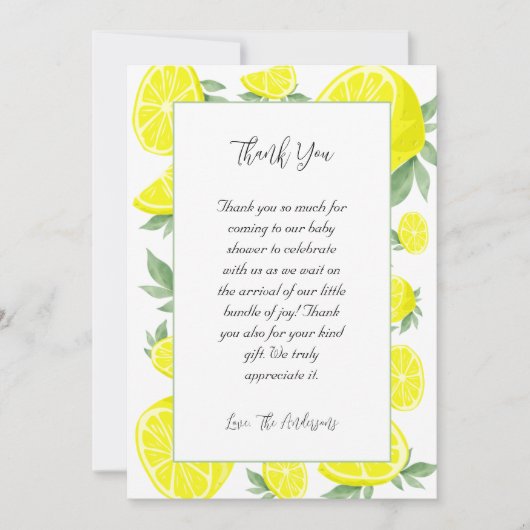 Elegant Lemons Baby Shower Dankeskarte (Vorderseite)