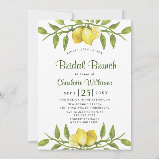 Elegant Lemons Watercolor Greenery BRIDAL BRUNCH Einladung (Vorderseite)