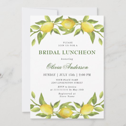 Elegant Lemons Watercolor Greenery BRIDAL LUNCHEON Einladung (Vorderseite)