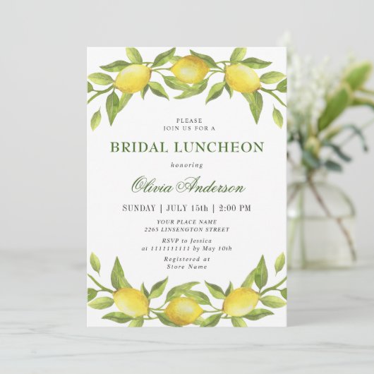 Elegant Lemons Watercolor Greenery BRIDAL LUNCHEON Einladung (Stehend Vorderseite)