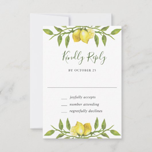 Elegant Lemons Watercolor Grüne Hochzeit RSVP Karte (Vorderseite)