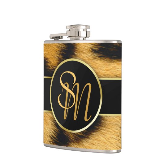 Elegant Leopard Print Monogram Script Vinyl Flask Flachmann (Links)