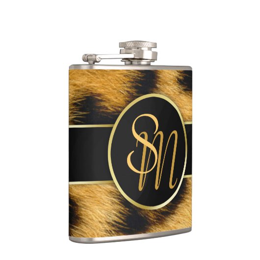 Elegant Leopard Print Monogram Script Vinyl Flask Flachmann (Rechts)