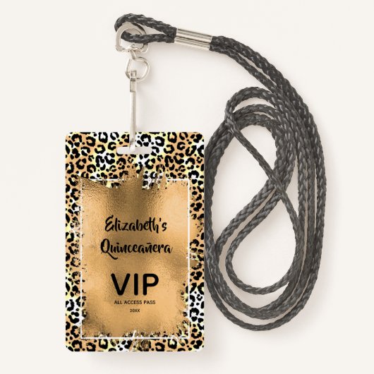 Elegant Leopard Quinceañera Einladung VIP Pass Ausweis (Vorderseite mit Schlüsselband)