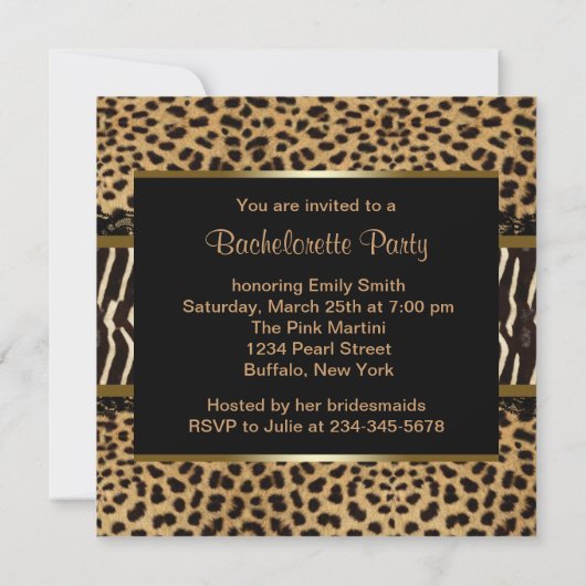 Elegant Leopard Zebra Junggeselinnen-Abschied Einladung (Rückseite)