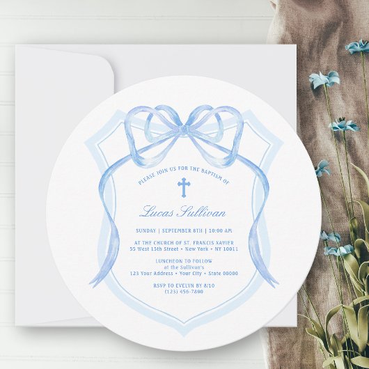 Elegant Light Blue Bow Wappen Taufe Einladung