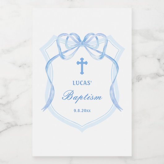 Elegant Light Blue Bow Wappen Taufe Weinetikett (Einzelnes Label)