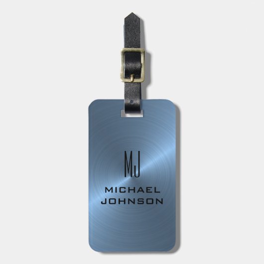 Elegant Light Blue Brushed Metallic Mit Monogramm Gepäckanhänger (Vorderseite vertikal)