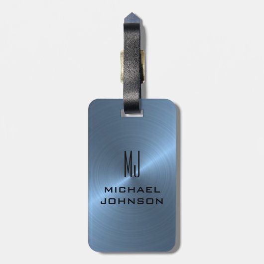 Elegant Light Blue Brushed Metallic Mit Monogramm Gepäckanhänger (Rückseite vertikal)