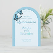 Elegant Light Blue Butterfly Quinceañera - Custom Einladung (Stehend Vorderseite)