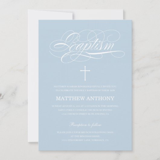 Elegant Light Blue Calligraphy Baptisse Einladung (Vorderseite)