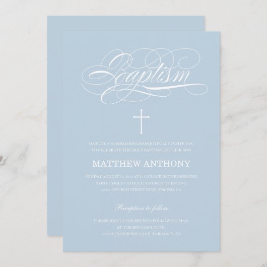 Elegant Light Blue Calligraphy Baptisse Einladung (Vorne/Hinten)