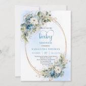 Elegant Light Blue Floral Eucalyptus Gold Shower  Einladung (Vorderseite)
