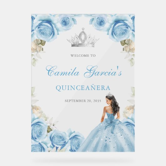 Elegant Light Blue Floral Quinceañera Welcome Acrylschild (Vorderseite)