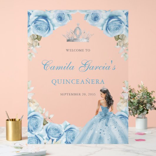Elegant Light Blue Floral Quinceañera Welcome Acrylschild (Hochzeit)