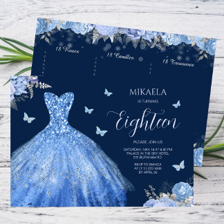 Elegant Light Blue Gown Floral 18. Geburtstag Einladung