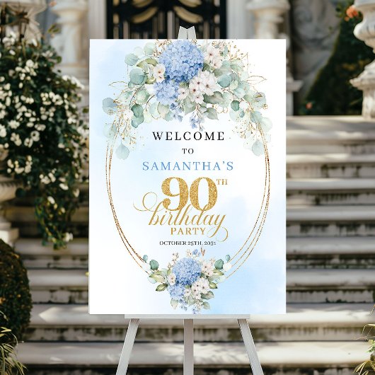 Elegant Light Blue Hydrangeas 90 Birthday Welcome Poster