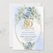 Elegant Light Blue Peony Floral Gold 80th Birthday Einladung (Vorderseite)