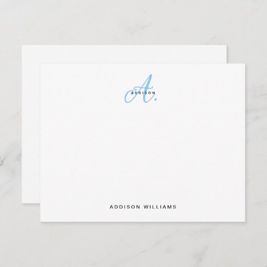 Elegant Light Blue Script Monogram Mitteilungskarte (Vorne/Hinten)