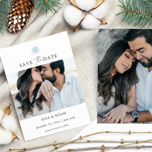 Elegant Light Blue Snowflake Zwei Fotos Hochzeit Save The Date