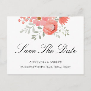 Elegant Light Coral Pink Floral Save the Date Ankündigungspostkarte