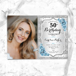 Elegant Light Dusty Blue Rose Foto 50. Geburtstag Einladung<br><div class="desc">Elegante florale feminine 50. Geburtstagseinladung mit Ihrem Foto. Glam-Design mit Imitaten Glitzer Silber. Enthält Streifen,  staubige hellblaue Rose,  Skript-Schriftart und Konfetti. Ideal für ein stilvolles Party für Erwachsene. Personalisieren Sie Ihre persönlichen Daten. Kann für jedes Alter angepasst werden! Gedruckte Zazzle Einladungen oder Sofortdownload digitalen druckbaren Vorlage.</div>