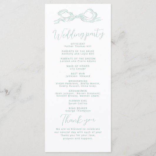 Elegant Light Green Hand Drawn Bow Wedding Program Menükarte (Rückseite)