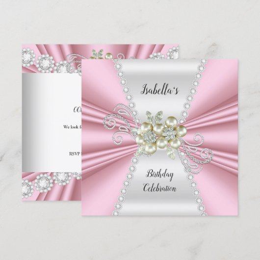 Elegant Light Pink Pearl White Diamond Geburtstag Einladung (Vorne/Hinten)