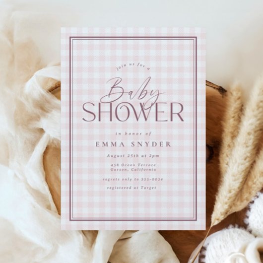 Elegant Light Pink White Gingham Girl Baby Shower Einladung