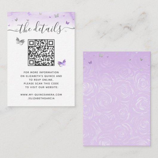 Elegant Light Purple Silver Butterfly RSVP QR Code Begleitkarte (Vorne/Hinten)