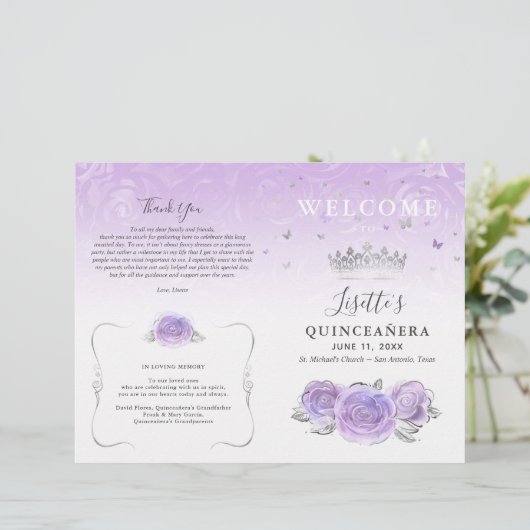 Elegant Light Purple Silver Quinceanera Program (Stehend Vorderseite)