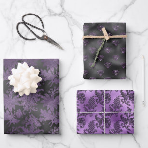 Elegant Lila Black Floral Geschenkpapier Set