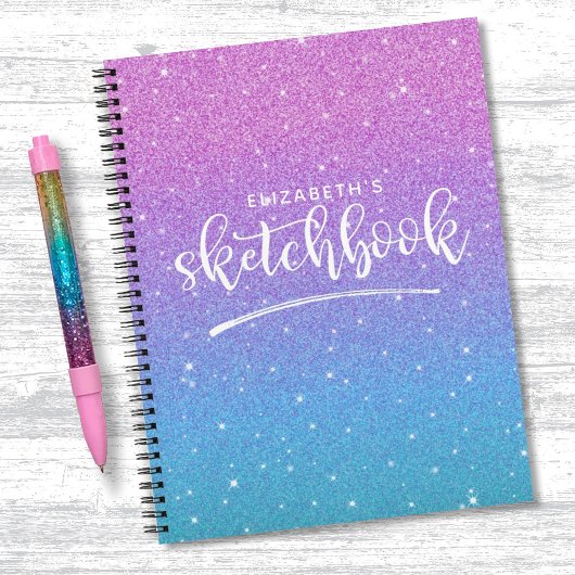Elegant Lila Blue Glitzer Ombre Sketchbook Notizblock