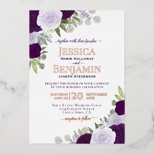 Elegant lila Boho-Blumenhochzeit mit Roségold Folieneinladung