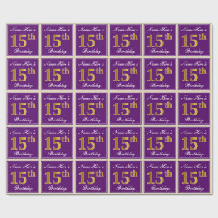 Elegant, Lila, Falsches Gold 15. Geburtstag + Name Geschenkpapier